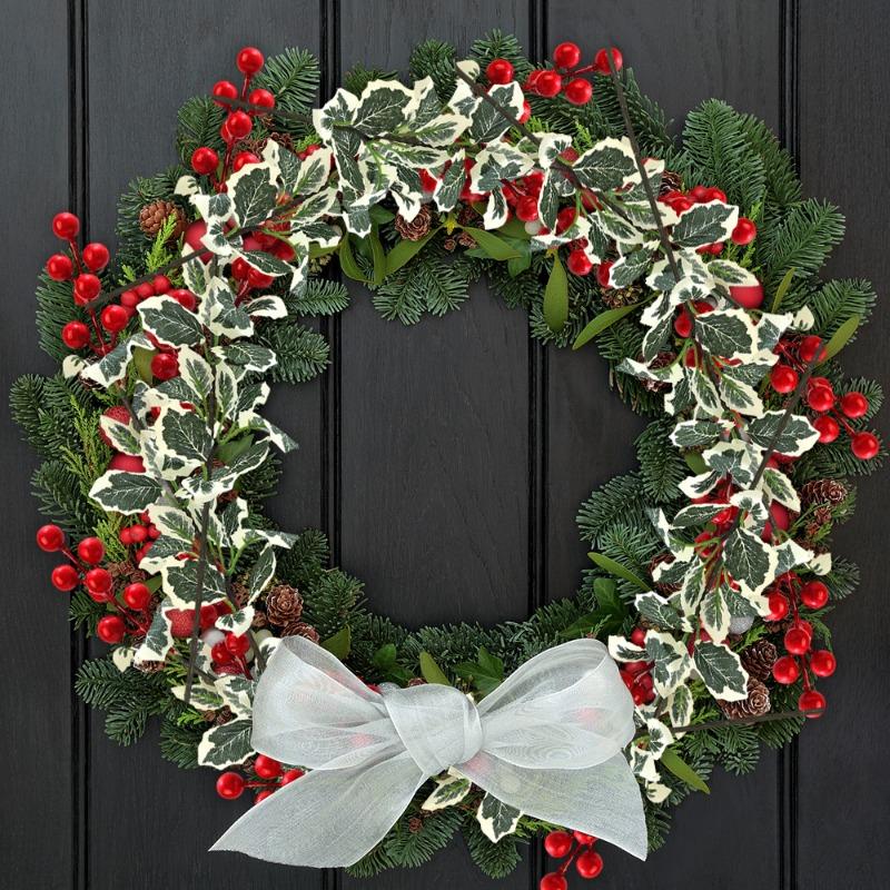 Искусственные Ягоды Падуб Красные Ягоды Ветки с Зелеными Листьями Украшение для Цветочной Композиции на Обеденный Стол Подвески для DIY Рождественской Елки