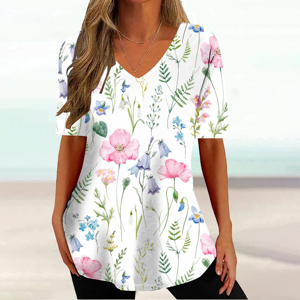 Summer V-neck 3D Floral Printed Top Fashionable Casual Short Sleeved Women's T-shirts