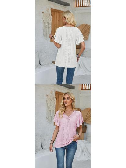 Spring/Summer Women's Lace V-Neck Ruffle Sleeve Loose T-Shirt