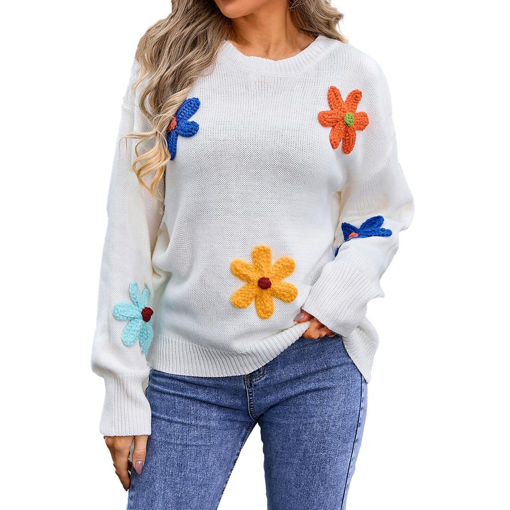 Женский повседневный модный удобный пуловер с круглым вырезом контрастного цвета с цветочным принтом и длинным рукавом уличный тренд вязаный свитер