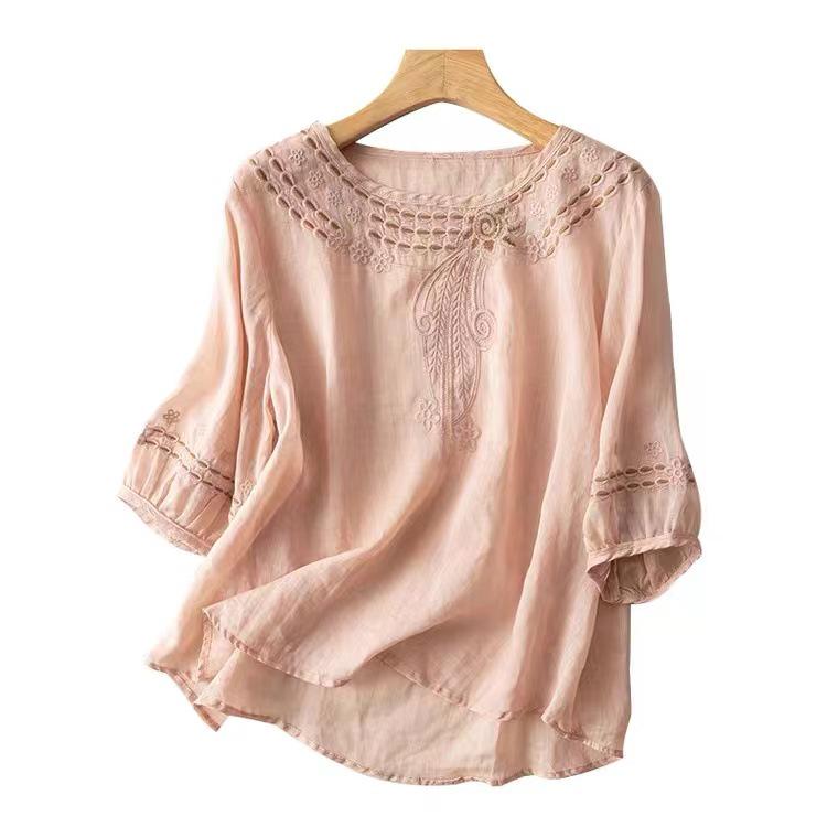 Женская льняно-хлопковая рубашка премиум-класса больших размеров с коротким рукавом - Лето 2025, китайский стиль