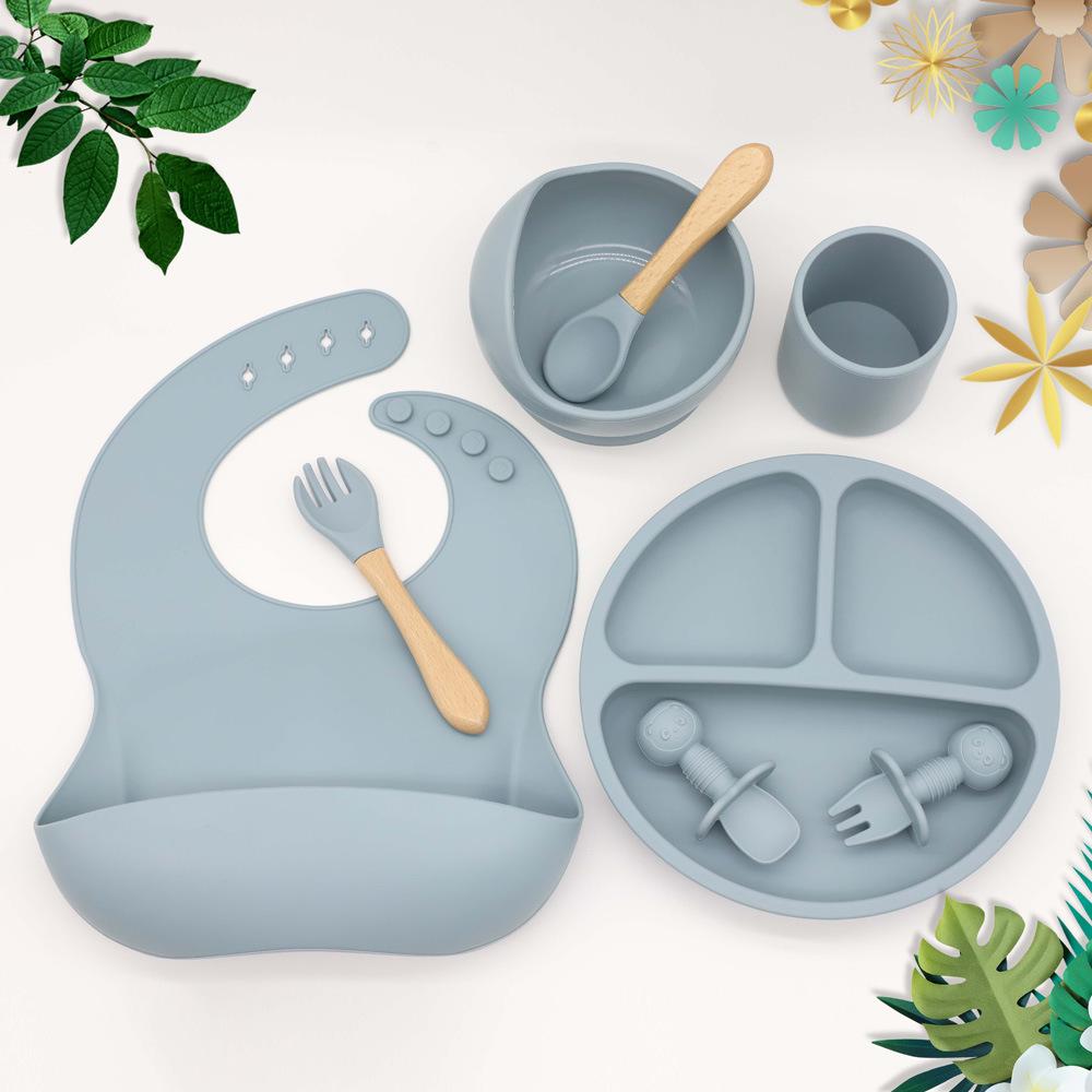 8 шт./компл., набор детской силиконовой посуды, посуда для кормления детей, миска без BPA, тарелка, нагрудники, наборы ложек и вилок, детская нескользящая посуда