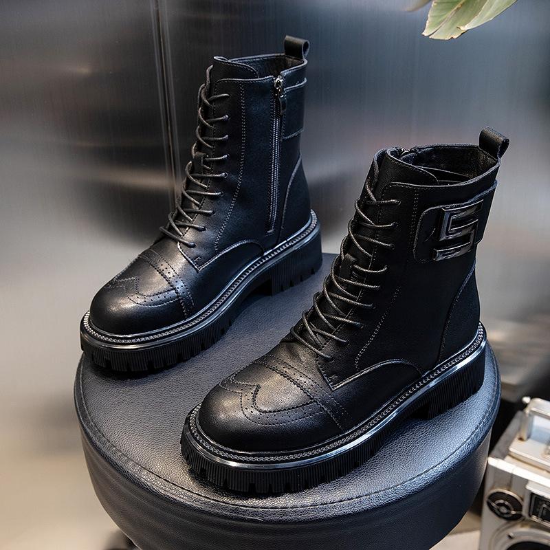 Autumn and Winter 2025 New Thick-soled Medium-tube Leather Martin Boots Women's British Style Velvet Short Boots Thick-soled Casual Women's Shoes