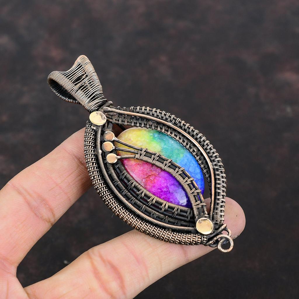 Подвеска Rainbow Solar Quartz Druzy, подвеска из медной проволоки, подвеска ручной работы, очень красивая подвеска из меди, ювелирное изделие из драгоценных камней, подарок на помолвку