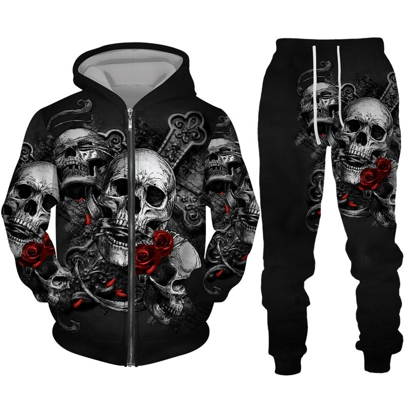 Cool Skull 3D Printed Black Zipper Hoodie Pants Suit Gothic Punk Style Men Women Tracksuit Set 2023 Halloween Streetwear Costume