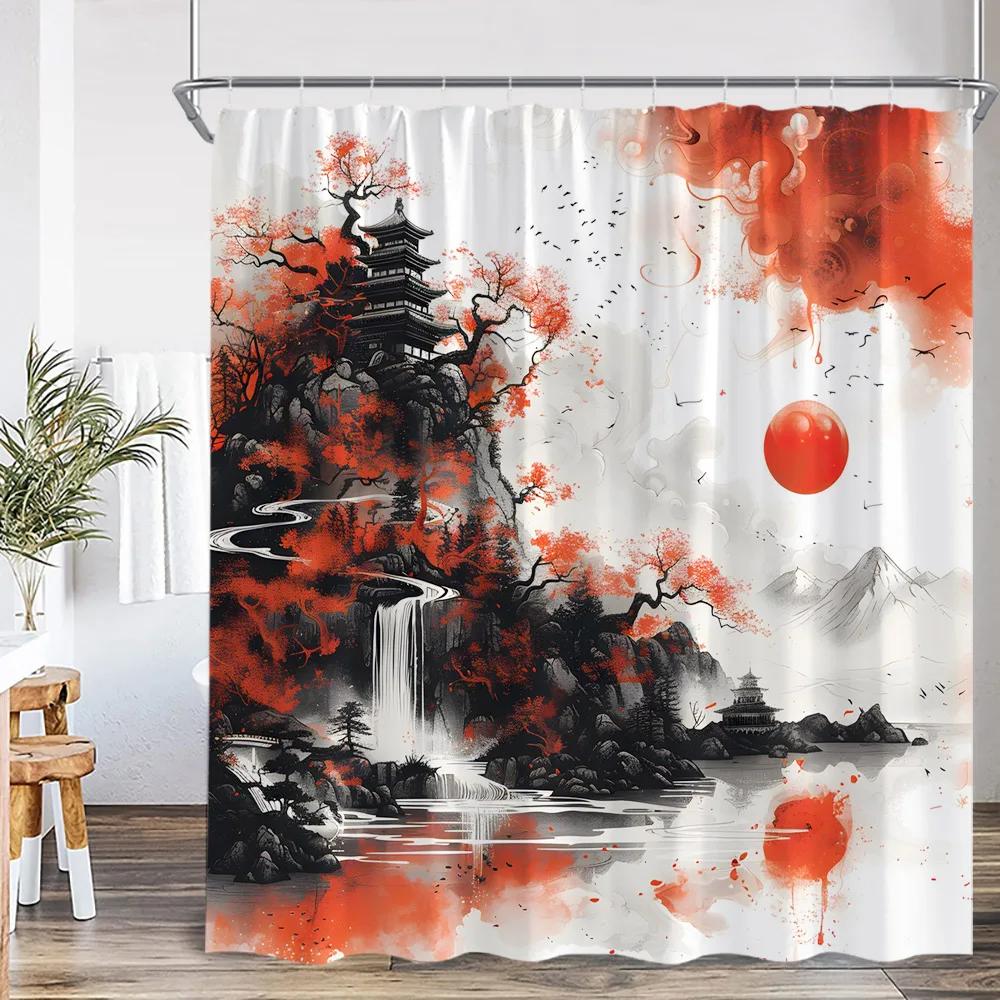 Samurai Geisha Japanese Style Ink Painting Shower Curtain Japan Shrine Red Sun Mountain River Pink Cherry Blossom Bath Curtain