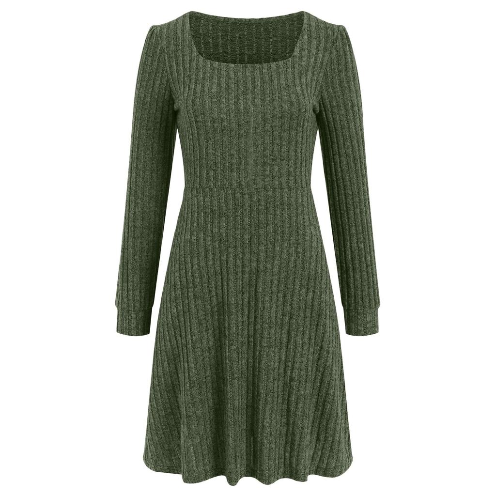 Женское трикотажное платье с длинными рукавами и карманами, квадратный вырез, облегающие платья, однотонное трикотажное элегантное платье для женщин