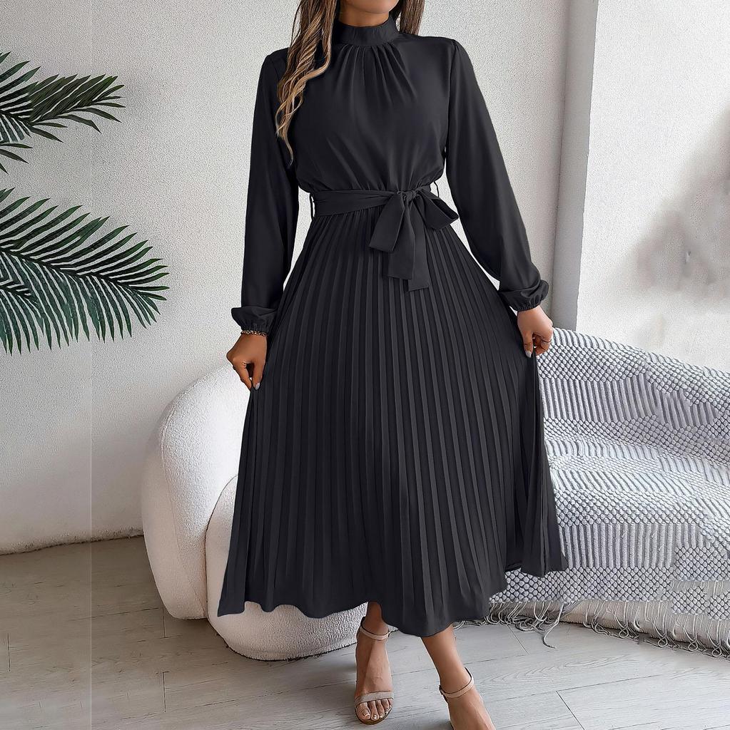Women's Long Sleeve Maxi Dress Stand Collar High Waist A-Line Dress Loose Solid Color Pleated Long Dress
