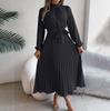 Women's Long Sleeve Maxi Dress Stand Collar High Waist A-Line Dress Loose Solid Color Pleated Long Dress