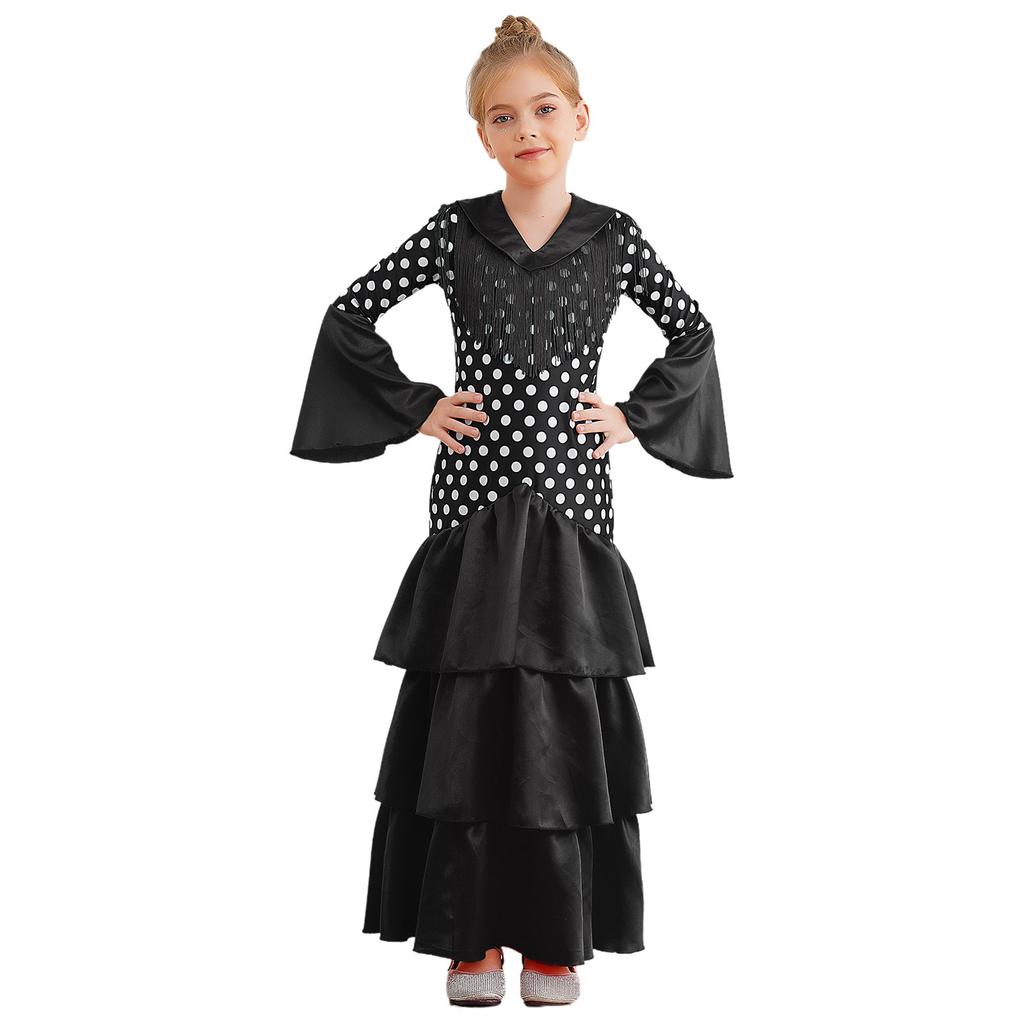 Девочки Испанское Фламенко Платье В Горошек Многоярусные Оборки V-образный Вырез Танцевальная Одежда