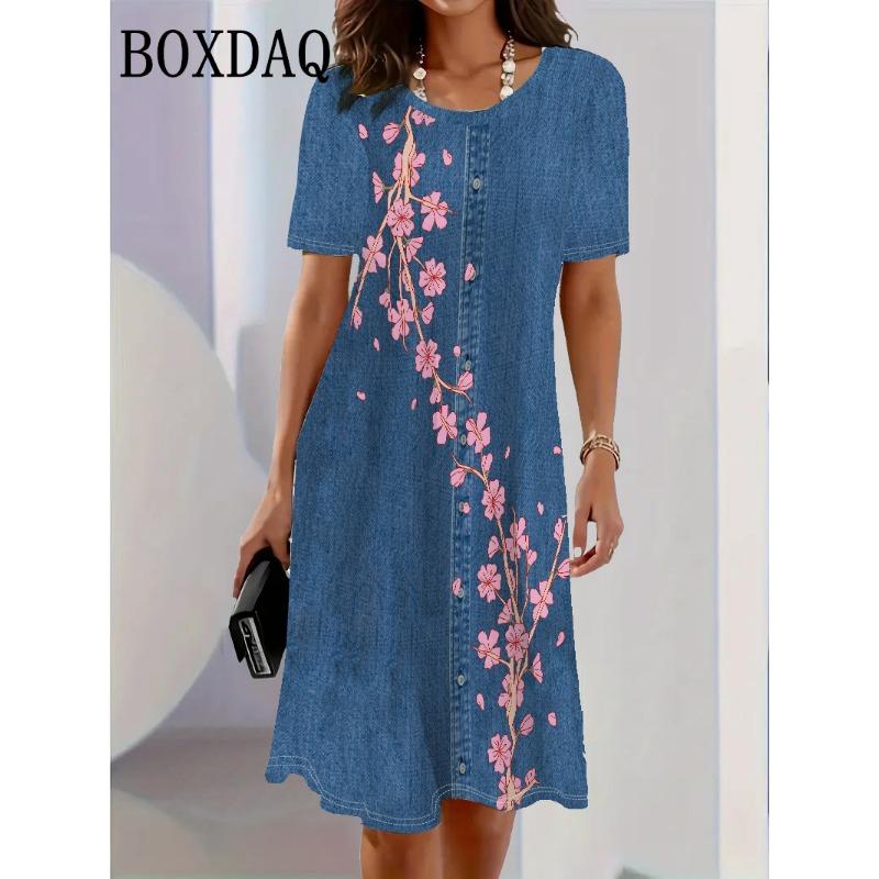 Модный тренд 2025 года 3D Имитация джинсовой ткани Женское платье Летнее уличное С коротким рукавом O-образный вырез Свободное Повседневное Платья с цветочным принтом