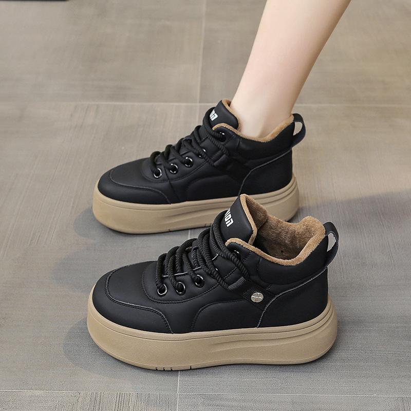 Fashion Women's High Top Vulcanized Shoes Autumn Winter Lace Up Soft Leather Plus Velvet Warm Cotton Shoes Thick Sole Leisure Sneakers