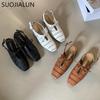 Модные женские сандалии SUOJIALUN 2025 нового бренда, модное плетение, закрытый носок, слипоны, с ремешком на пятке, квадратный низкий каблук, уличные нарядные мюли-сандалии