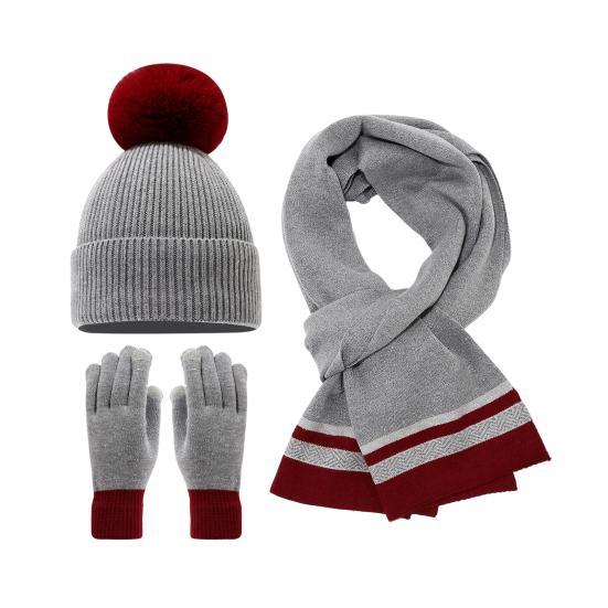 3Pcs/Set Women Winter Hat Scarf Gloves Set Plush Ball Decor Elastic Knitting Hat Long Scarf Touch Screen Gloves Set