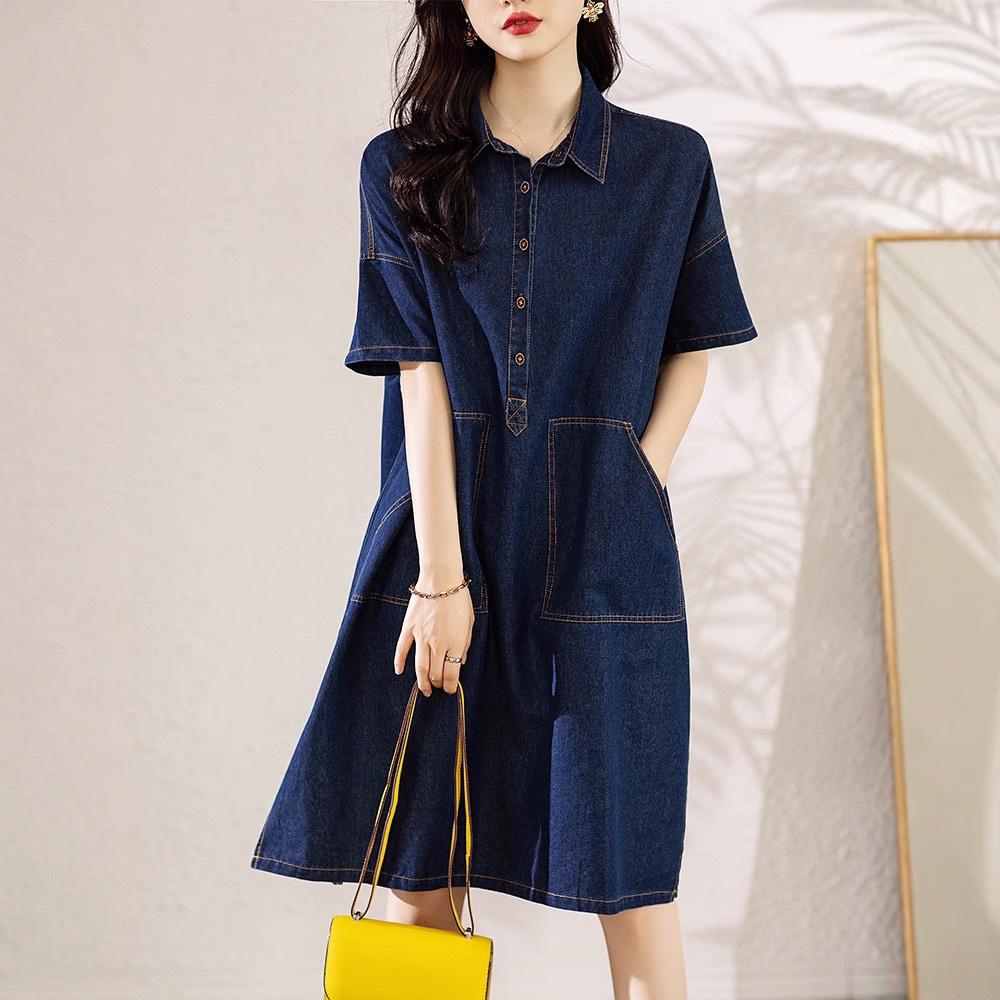 New Plus Size Women's Denim Dress Casual Shirt Collar Loose Straight Tube Dress Half Open Cardigan Casual Dress