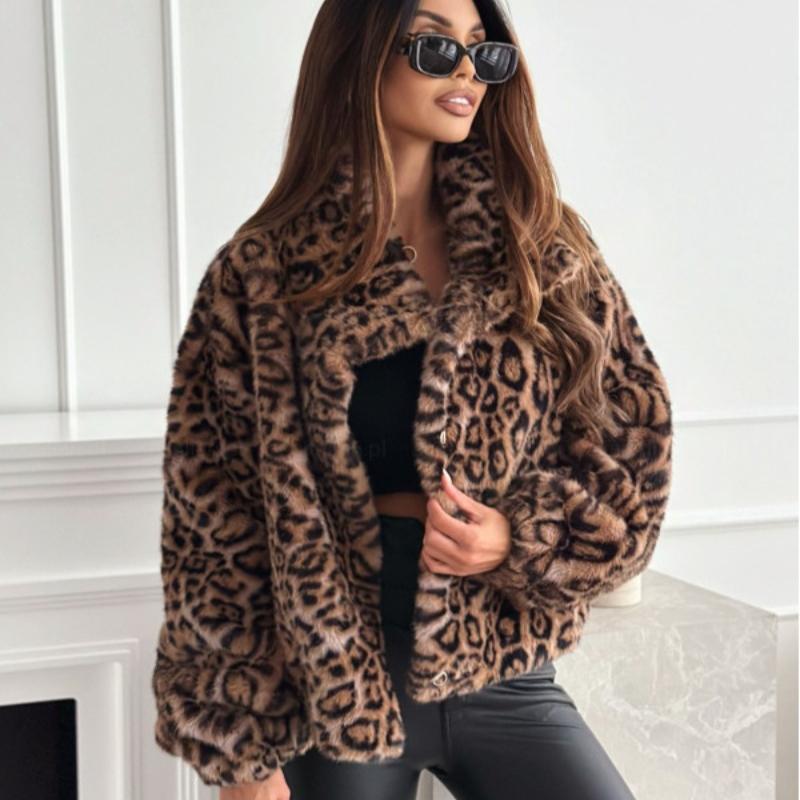 Осенняя короткая куртка с длинным рукавом и леопардовым принтом из плюша для женщин, элегантные зимние толстые бархатные теплые пальто больших размеров для женщин, модные уличные свободные пальто, топы 25000