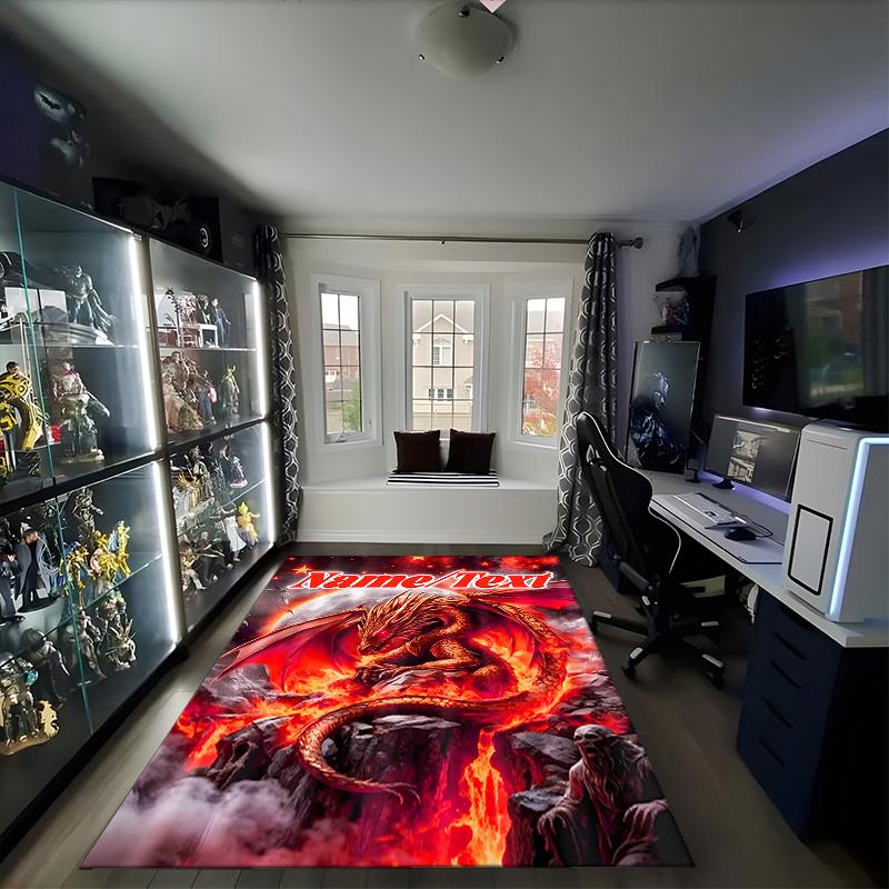 1PC Custom Name Dragon Fire Fantasy Art Theme Floor Mat Ideal for Living Room, Game Rooms, Office, Bedroom,Floor Mat Playful Design