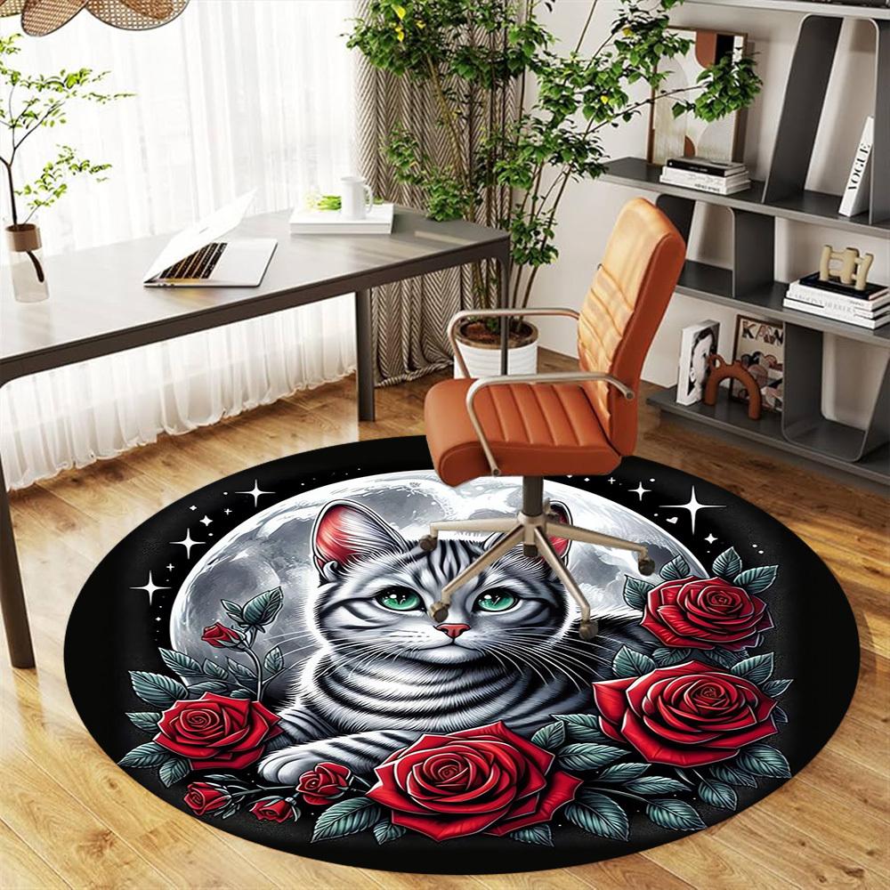 1pc Moonlit Cat Roses Round Chair mat Area Rug - Non-Slip, Floor Mat for Office, Bedroom, Ideal home decor Christmas Gift p0811477