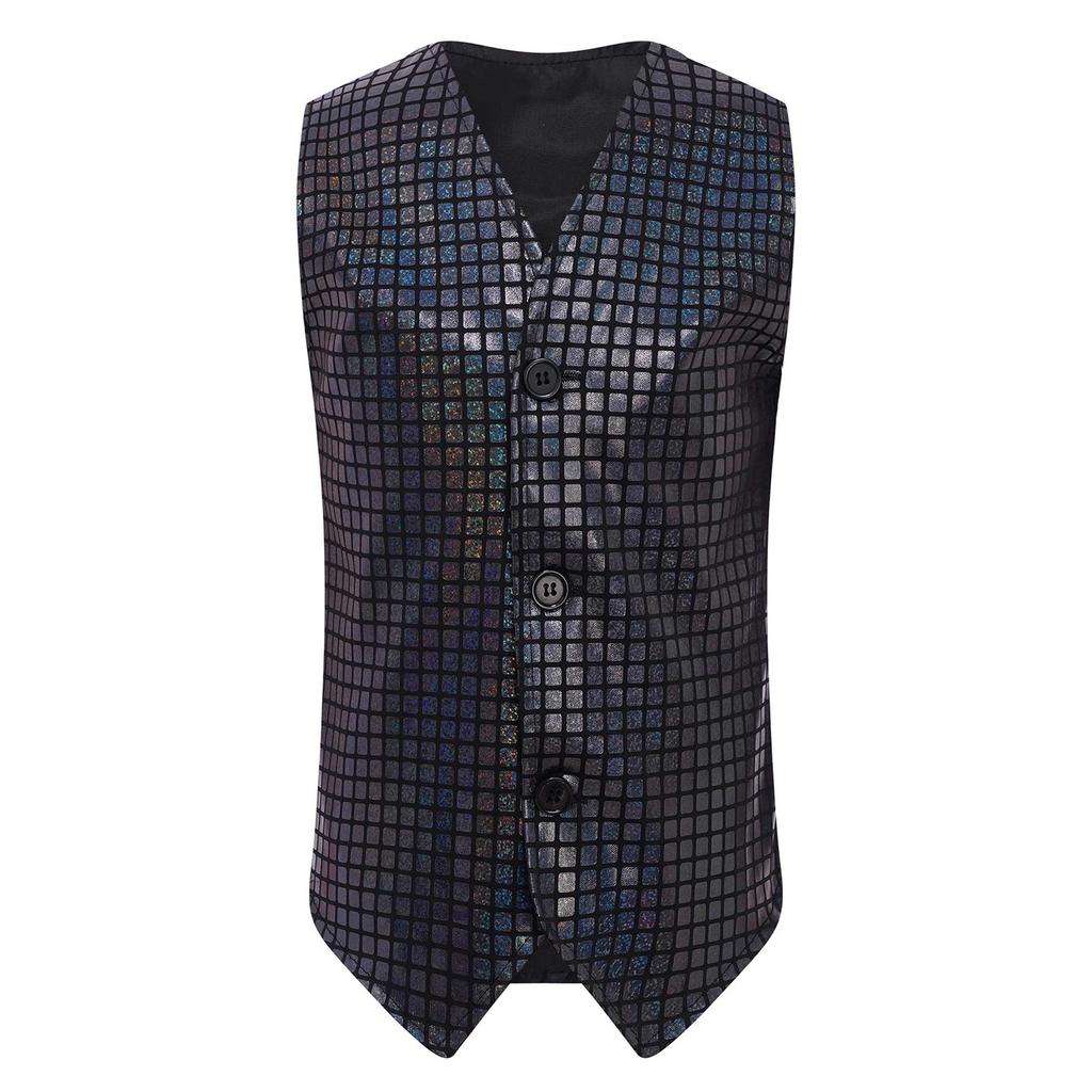 Boys Girls Dance Stage Performance Costume V Neck Sleeveless Asymmetrical Hem Button Metallic Plaid Vest