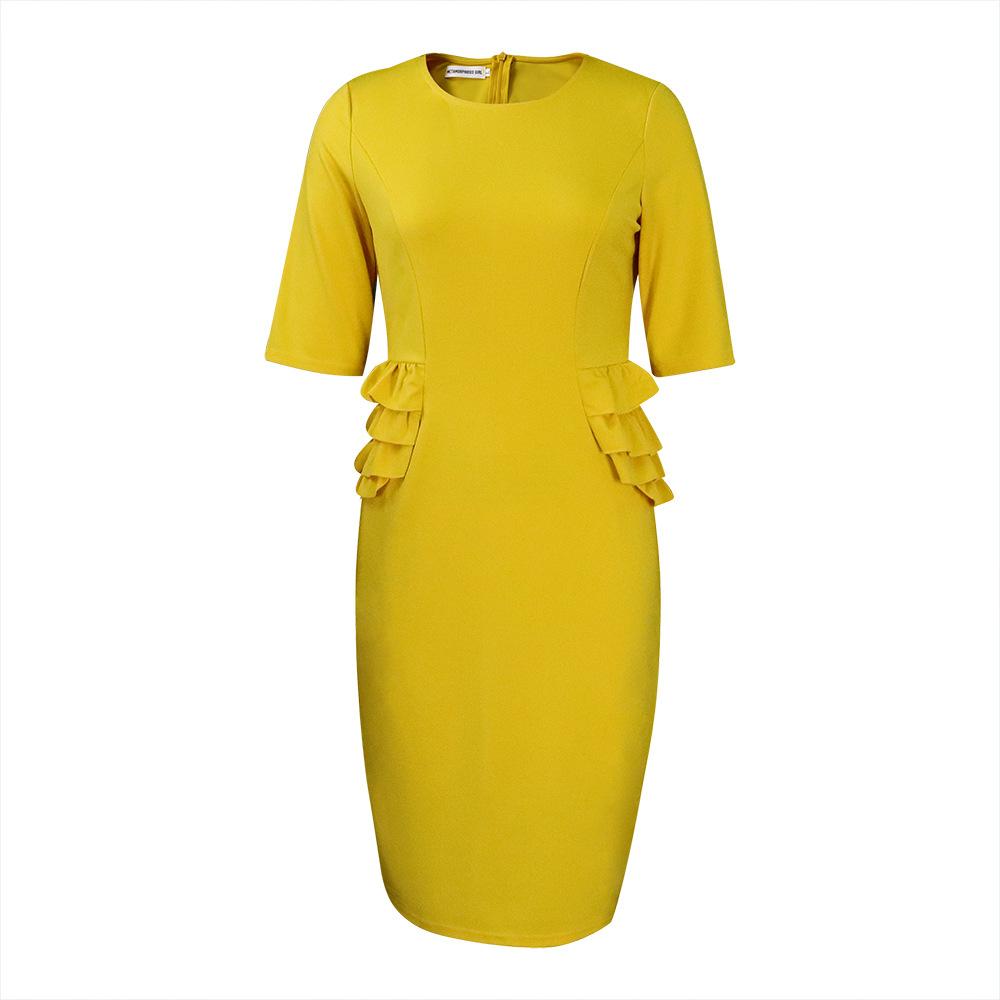 Плюс размер женское летнее модное платье с рюшами женское цельное однотонное деловое платье