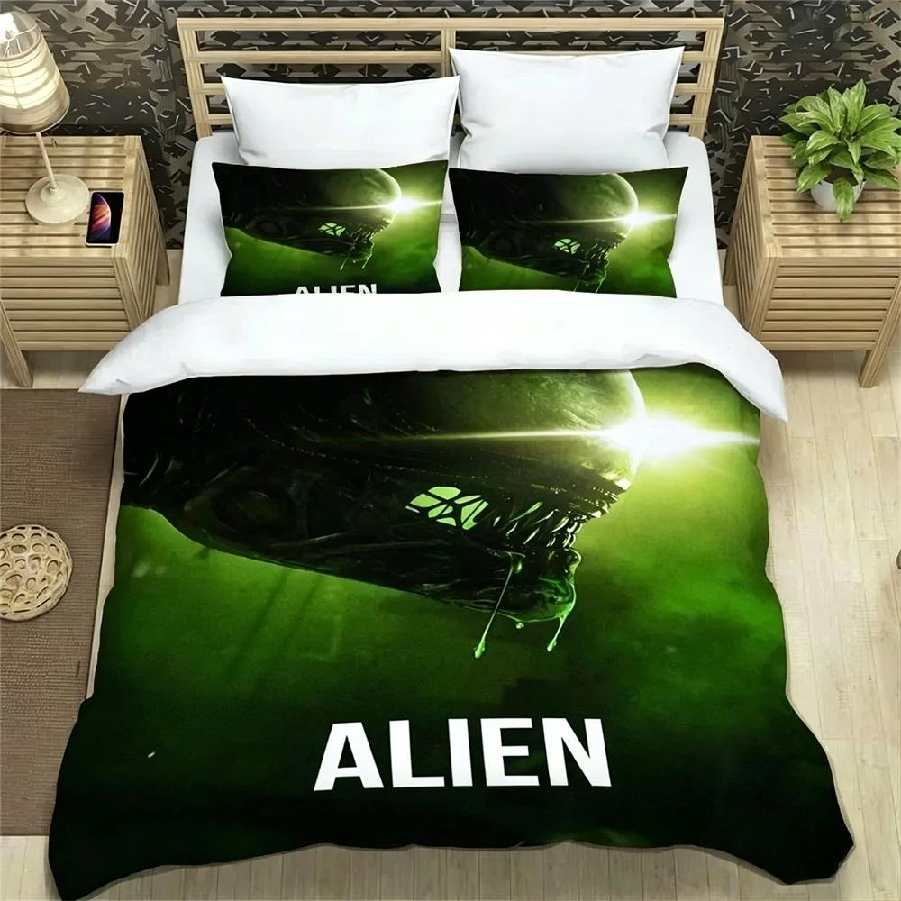 3D Print Alien Bedding Set,Duvet Cover Comforter Bed Set Quilt Cover Pillowcase,King Queen Twin Size Boys Girls Adults