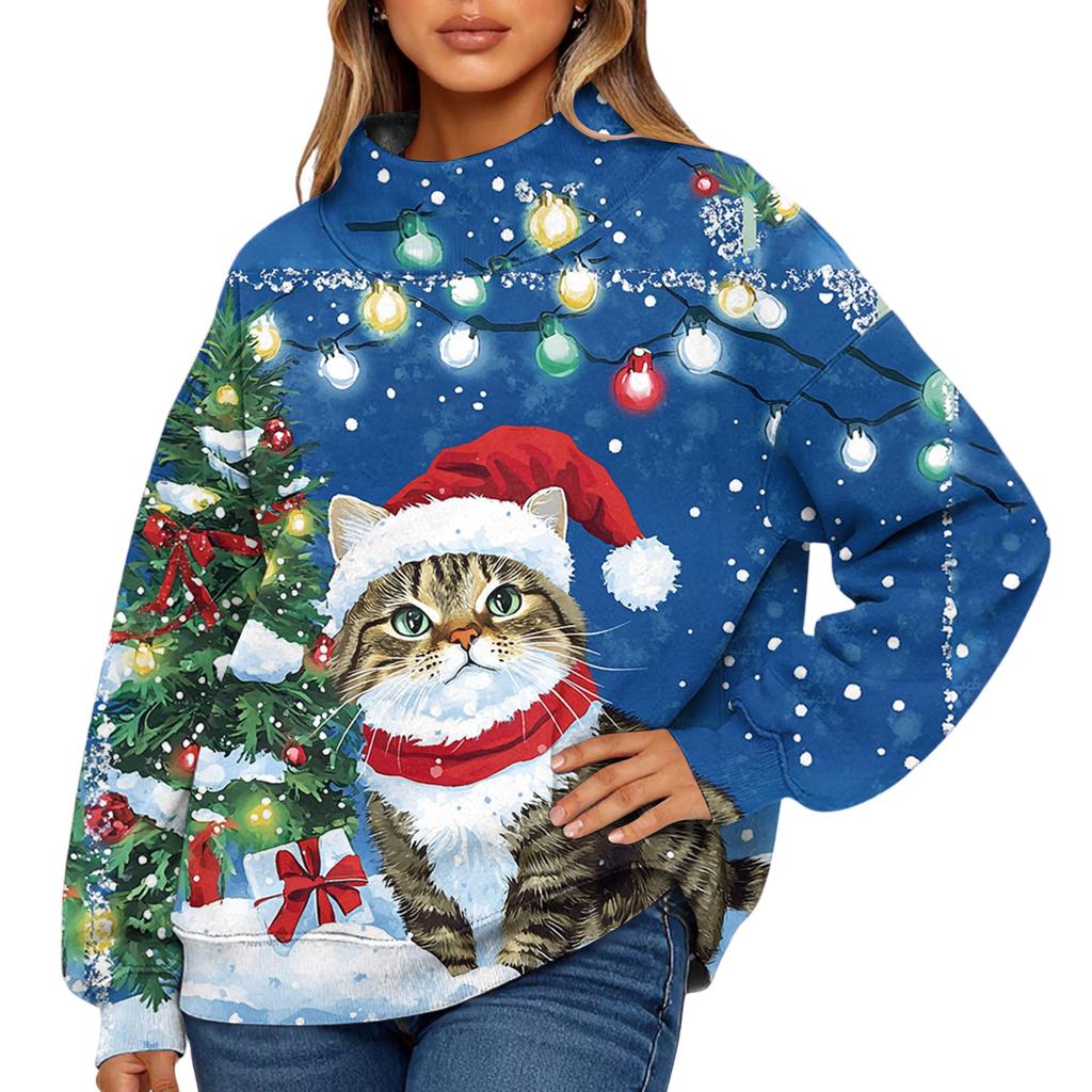 Ladies' Fashionable Christmas Printed Long Sleeved High Neck Sweatshirt Top
