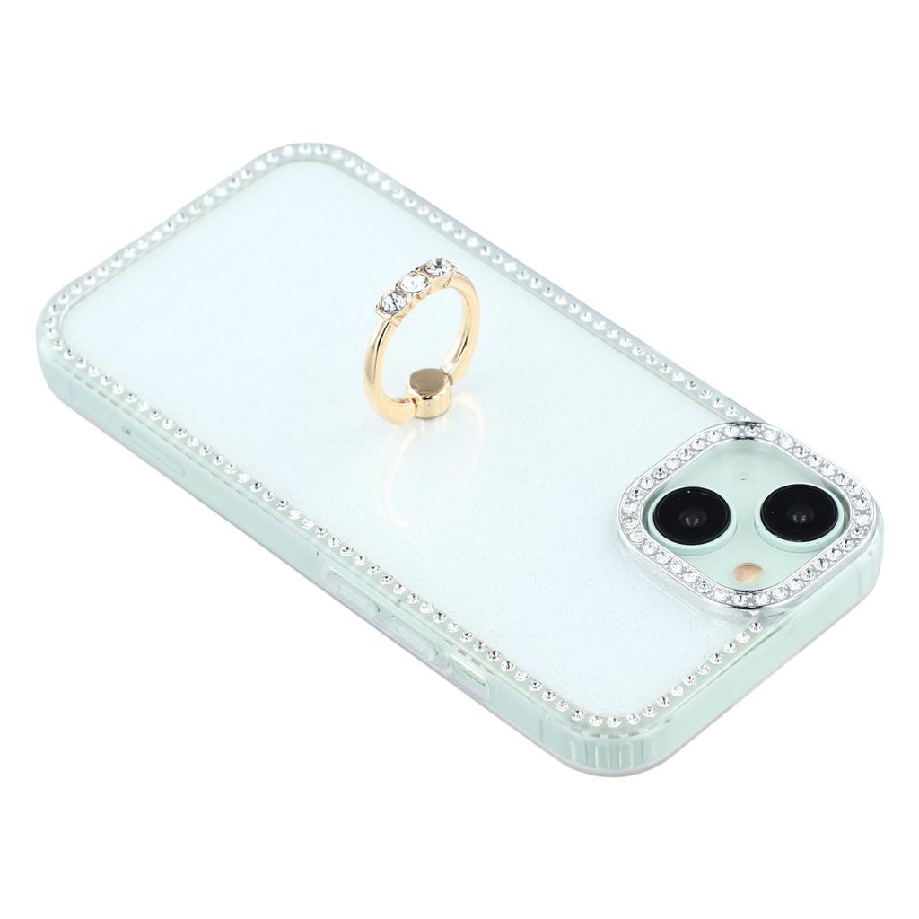 For iPhone 14/13 Case with Ring Kickstand Rhinestone Edge TPU+PC IMD Phone Cover