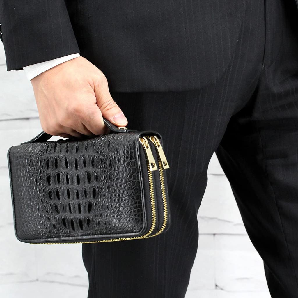 Crocodile Long Large 40 Card Crocodile Double Round Genuine Single Piece Leather [Levetta] Wallet, Capacity, Holds, Wallet, Leather, Men's, Black,