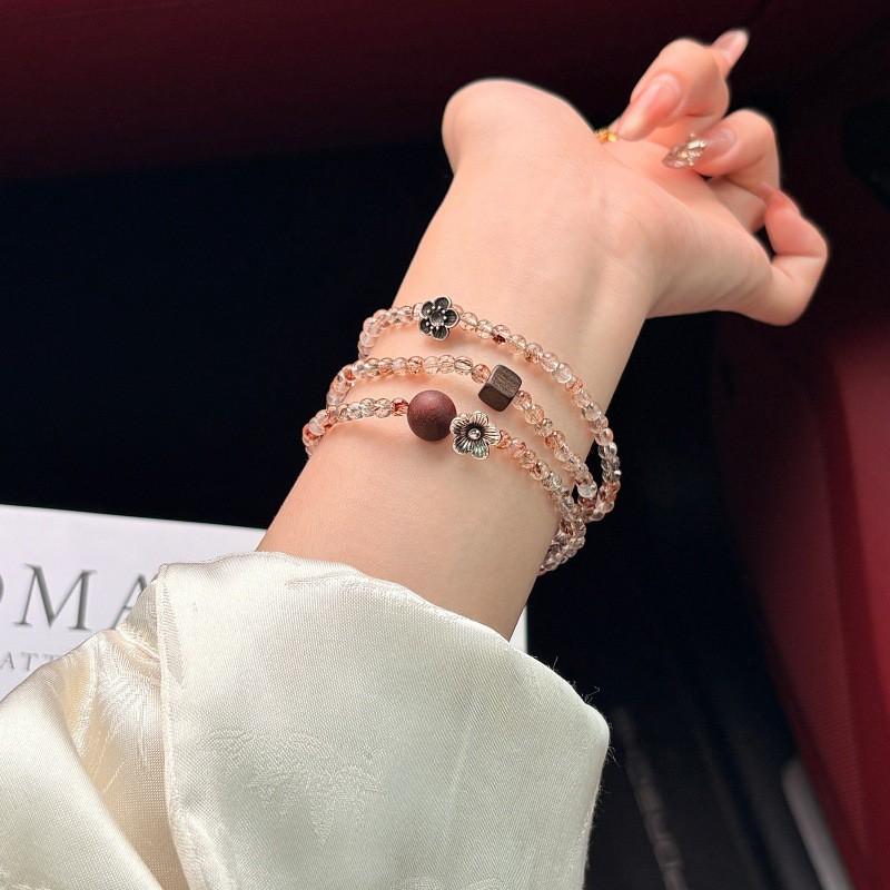 Natural Black Gold Super Three-Layer Crystal Bracelet Women With Agarwood Floral Charm Casual Hand Jewelry