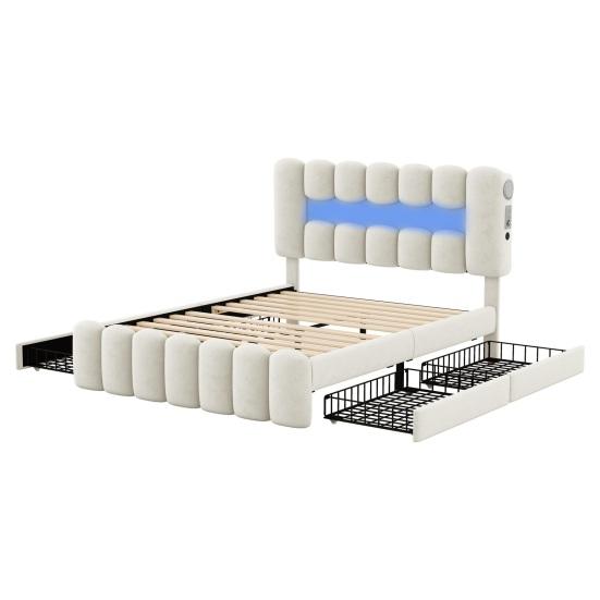 Soft Bed with LED Light Strip 140 x 200cm Large Storage Capacity Upholstered Teen USB 4 Drawers Headboard Ergonomic Design