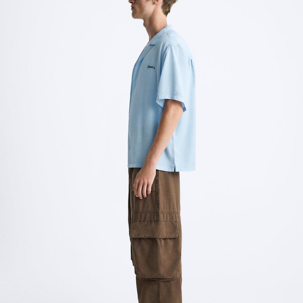 Zara Свободная рубашка с коротким рукавом и вышитыми лацканами, мужские рубашки небесно-голубого цвета 1063399-403