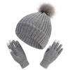 2Pcs Knitted Hat Glove Sets for Women Casual Solid Pom Pom Beanies Winter Thicken Warm Windproof Cycling Cap Touch Screen Gloves Earmuffs Bonnet Hats