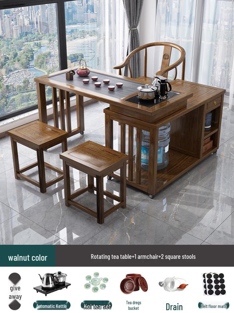 Solid Wood Rotating Tea Table Set with Chairs and Kettle, Mobile Balcony Coffee Table for Home.
