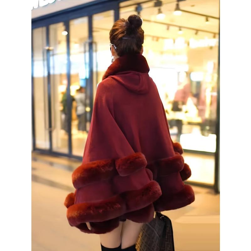 Women 2 Circle Faux Rabbit Fur Cape Poncho Winter Loose Warm Shawl Outerwear Cashmere Cloak Overcoat
