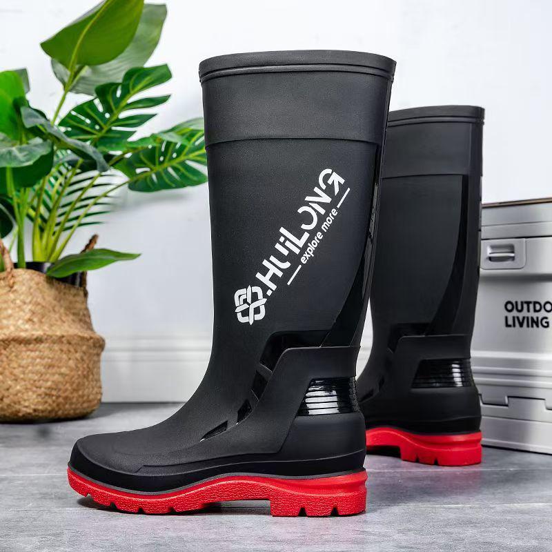 Stylish Men's Non-Slip Waterproof High-Top Rain Boots with Drawstring - Long Tube Fishing Wear-Resistant