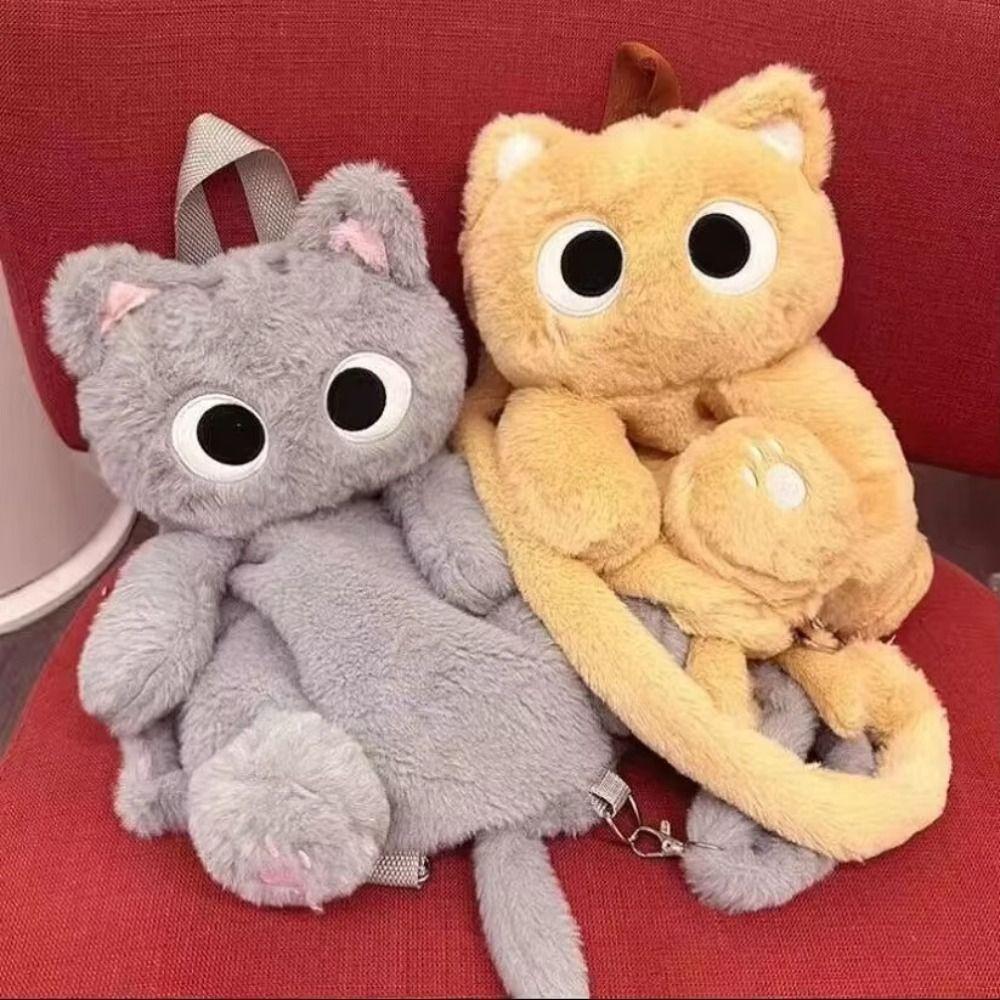 Big Eyes Cat Cartoon Backpack Large Capacity Funny Plush Toy Bag Mini Plush Cat Shoulder Bag  Women