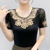 Летняя кружевная футболка с вышивкой «Горячие бриллианты», с цветочным дизайном, эластичная, сексуальная, с круглым вырезом, облегающий сетчатый топ, шикарная женская футболка с коротким рукавом в винтажном стиле, блузка