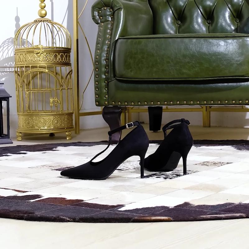 Мода Французский Темперамент Тонкие Каблуки Высокие Каблуки Острый Носок Неглубокий Вырез Замша Пряжка на Одной Линии Ультра Высокие Каблуки Стройнящие Одинарные Туфли
