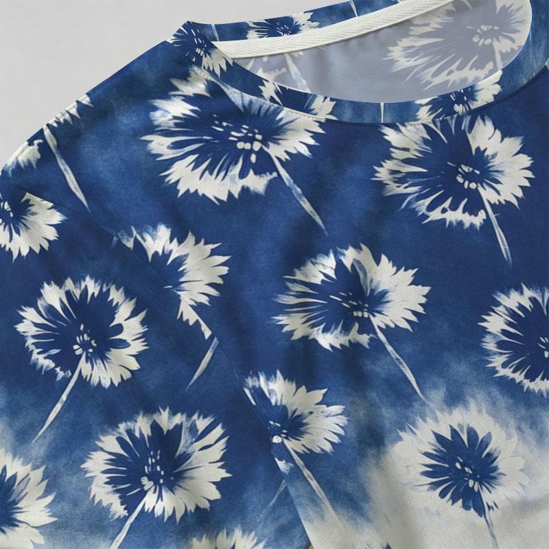Women's Minimalist Blue & White Flower Print Short Sleeve T-Shirt Soft Loose Fit Summer Top, Versatile for Casual & Date Looks