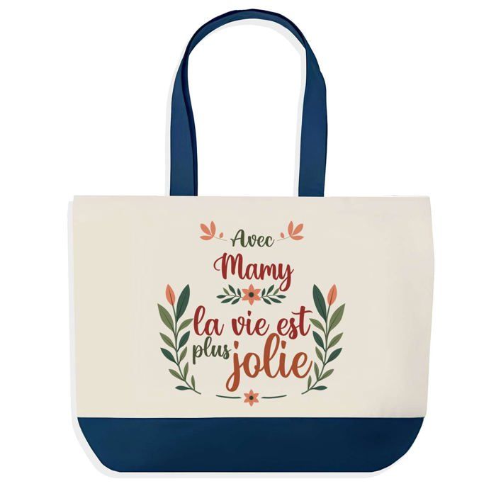 Tote bag - PLANETEE - Sac shopping « Mamy la vie est plus jolie » - Coton - 40 x 45 cm - Fond bleu