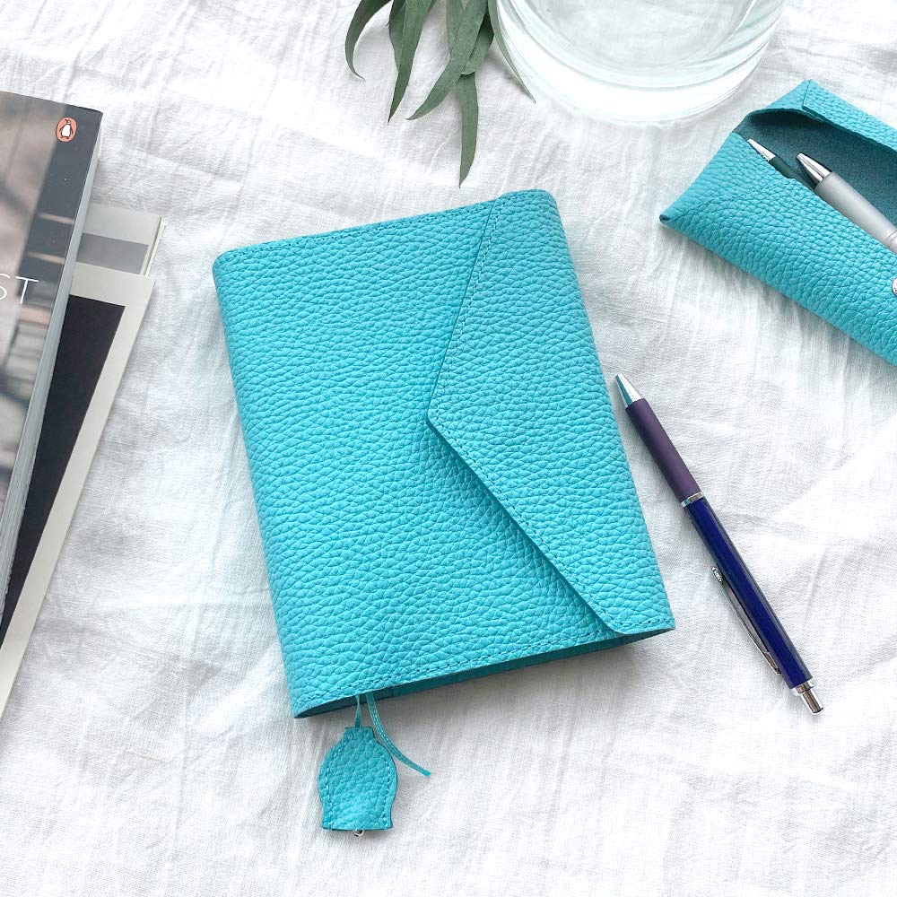 [blue Bloom] A6 Planner Cover with Bookmark, Stylish and Cute Blue Leather, Genuine Shrink-Embossed Leather, Made In Japan, Bb006 (Blue Beetle)