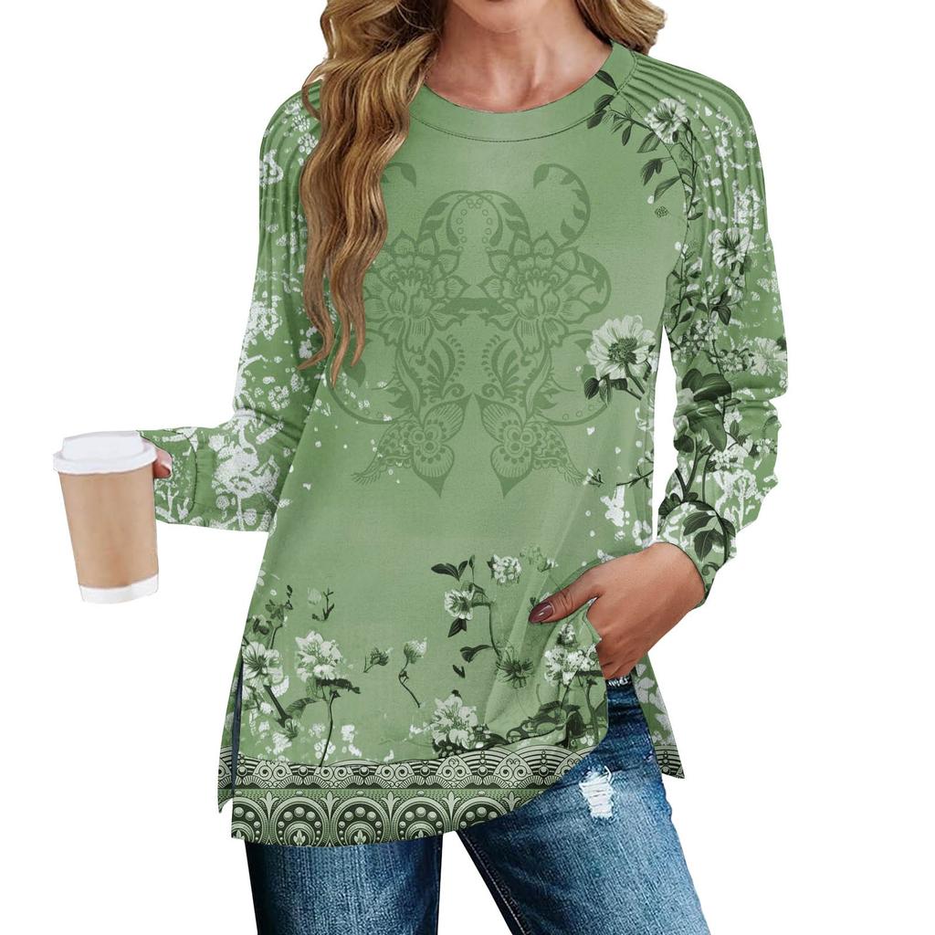 Women's Fashion Casual Split Print Pleated Hem Split Loose Fit Fall Sweatshirt Long Sleeve Top