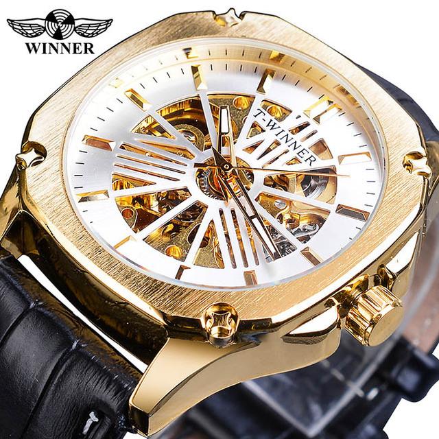 Победитель Новые лучшие мужские часы Механические часы со скелетом Автоматические механические часы Мужские часы с ремнем