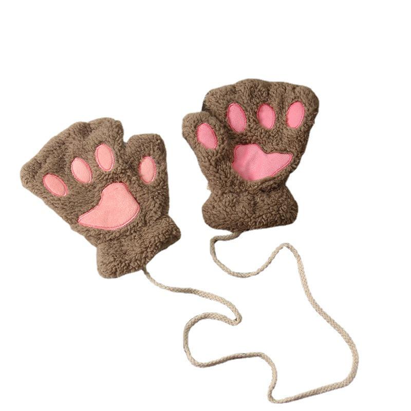 Winter Cute Cartoon Half-Finger Fleece Gloves for Women, Bear & Cat Paw Design.