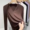 Модальная базовая рубашка новая женская темпераментная рубашка с V-образным вырезом и длинными рукавами эластичный топ с внутренней талией