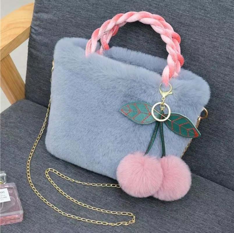 Fashion Women Handbags Winter Furry Ladies Soft Plush Clutch Purse Shoulder Bags Fashion Female Cherry Pendant Messenger Bag