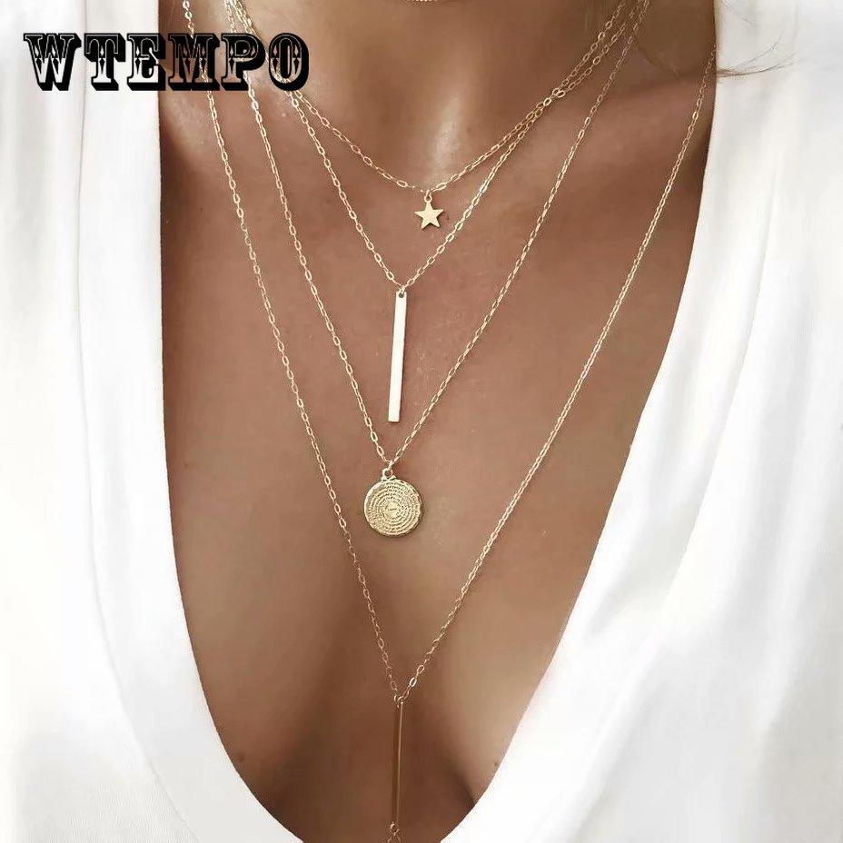 2 пары круглых вертикальных ожерелий со звездами для выпускного вечера в богемном стиле, четырехслойная цепочка на ключицу, ювелирное украшение в подарок