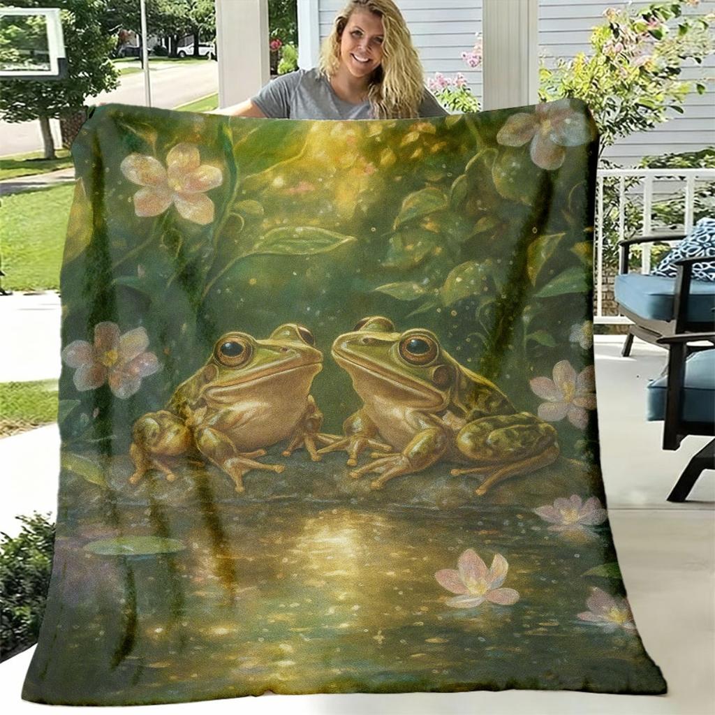 1pc Cozy Throw Blanket Frog And Lily Pad Pond Design with Green Black Golden Frogs And Pink Yellow Flowers, Soft Warm Texture, All-Season Bedspread fo