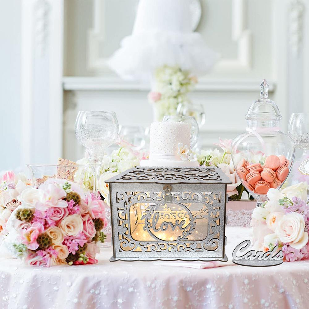 Коробка для свадебных открыток для свадебного приема. Блестящие деревянные коробки для карточек с табличкой/замком и веревкой.