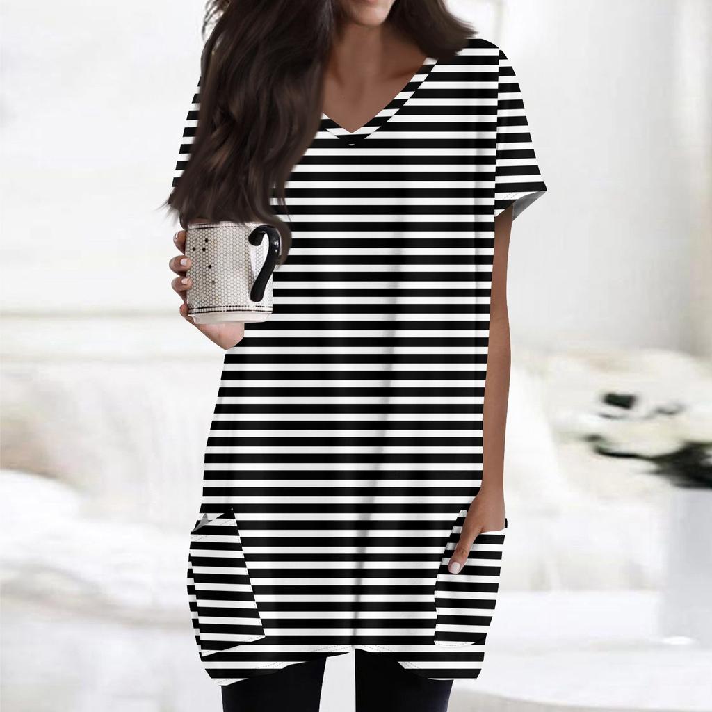 Tops Womens Short Vneck Sleeve Blouses Casual Midlength Shirts Fashion Print Tunic Tops With Pockets